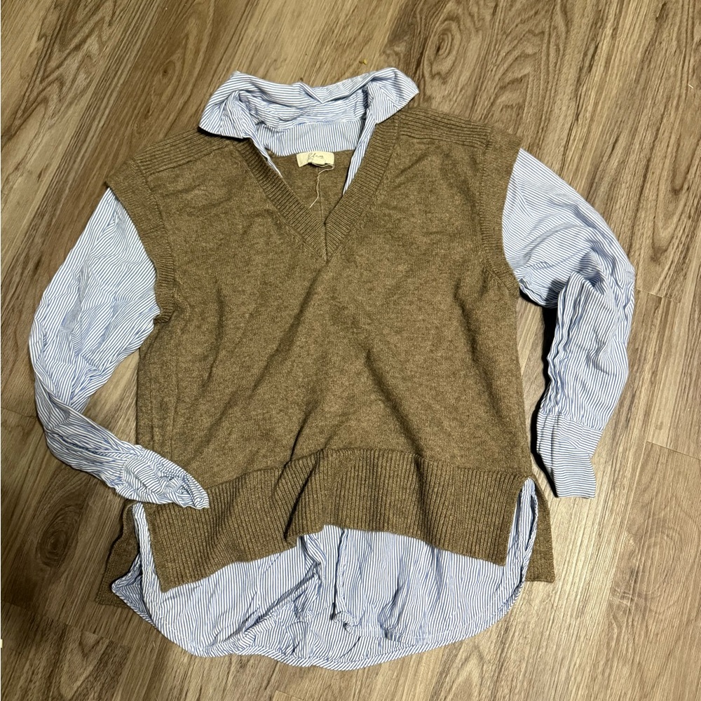 Elan Brown V-Neck Sweater Vest with Blue Striped Shirt